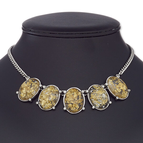 Necklace, glass rhinestone / resin / antiqued silver-coated plastic / antiqued silver-finished steel / "pewter" (zinc-based alloy), clear with gold- and silver-colored foil, 27x20mm oval, 16 inches with 3-inch extender chain and lobster claw clasp. Sold individually. image number 0