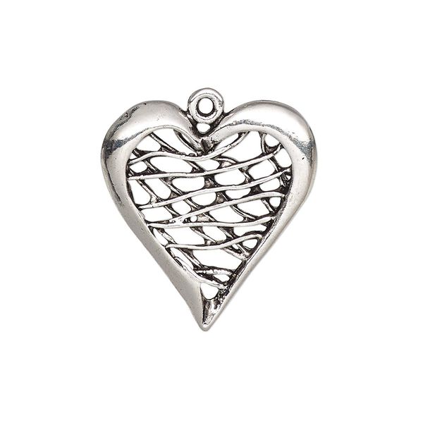 Charm, antique silver-plated "pewter" (zinc-based alloy), 26x24mm single-sided heart with lines. Sold per pkg of 4. image number 0
