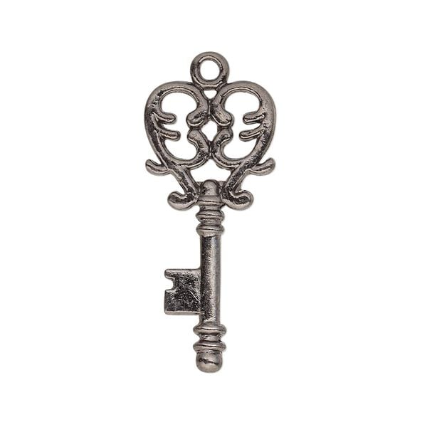 Focal, gunmetal-plated "pewter" (zinc-based alloy), 30x13.5mm double-sided key with filigree heart design. Sold per pkg of 12. image number 0