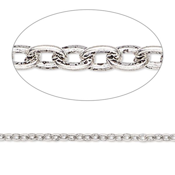 Chain, antique silver-plated steel, 2mm flat cable. Sold per pkg of 5 feet. image number 0