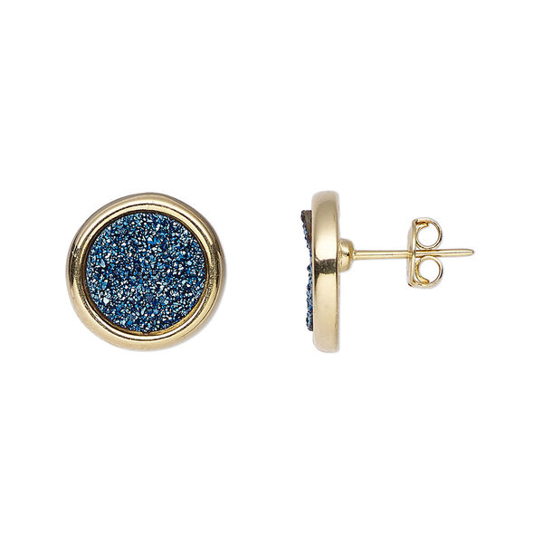 Druzy agate / brass 1pkg2, electroplated gold / 24Kt gold-plated round earstud 13mm image number 0