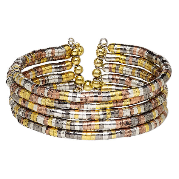 Bracelet, cuff, steel memory wire / gold- / silver- / gunmetal- / antique copper-coated plastic, 28mm wide 5 band, adjustable from 7-1/2 to 8-1/2 inches. Sold individually. image number 0