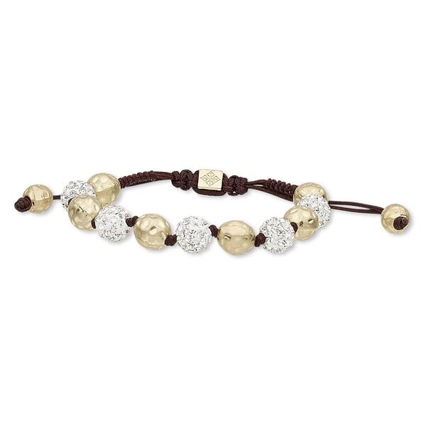 Bracelet, glass rhinestone / nylon / polymer clay / gold-finished "pewter" (zinc-based alloy), dark brown / white / clear, 10mm round and 10mm matte hammered round, adjustable from 6 to 8-1/2 inches with macramé knot closure. Sold individually. image number 0