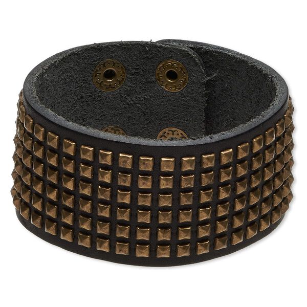 Bracelet, leather (dyed) with antique brass-plated steel and "pewter" (zinc-based alloy), brown, 38mm wide with square studs, adjustable at 6-1/2 and 7-1/2 inches with snap closure. Sold individually. image number 0