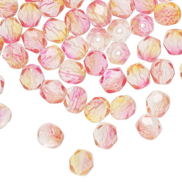 Bead, Czech fire-polished glass 1pkg60, orange and red, 6mm faceted round. image number 0