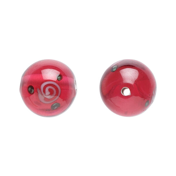 Bead, Czech lampworked glass, opaque red / pink / green, 12-13mm round with flower design. Sold per pkg of 4. image number 0