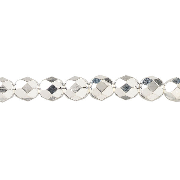 Bead, fire-polished, silver-plated glass, opaque clear, 6mm faceted round. Sold per 1 mass, approximately 1,200 beads. image number 0