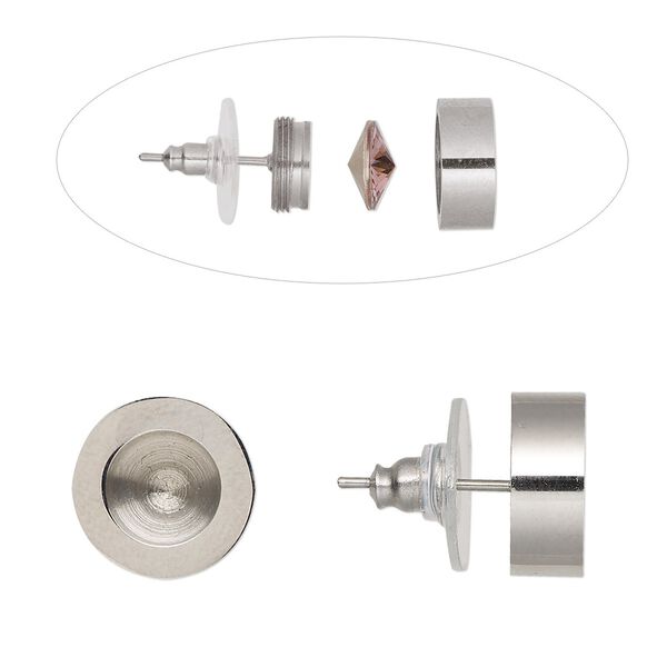 Earstud 1pkg2 Almost Instant Jewelry® 12mm round / SS39 rivoli or chaton glue-in setting / comfort clutch, stainless steel / acrylic 1 pair image number 0