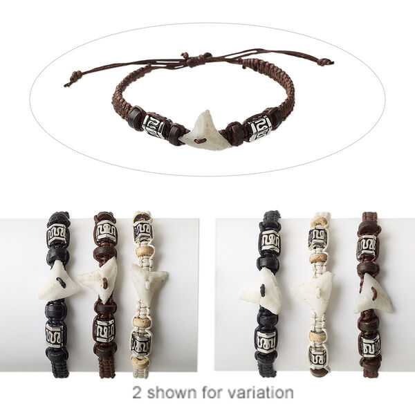 Bracelet mix, wood (natural / dyed) / resin / cotton / silver-coated plastic, multicolored, 4-6mm wide, adjustable from 6-9 inches with wrapped knot closure. Sold per pkg of 3. image number 0