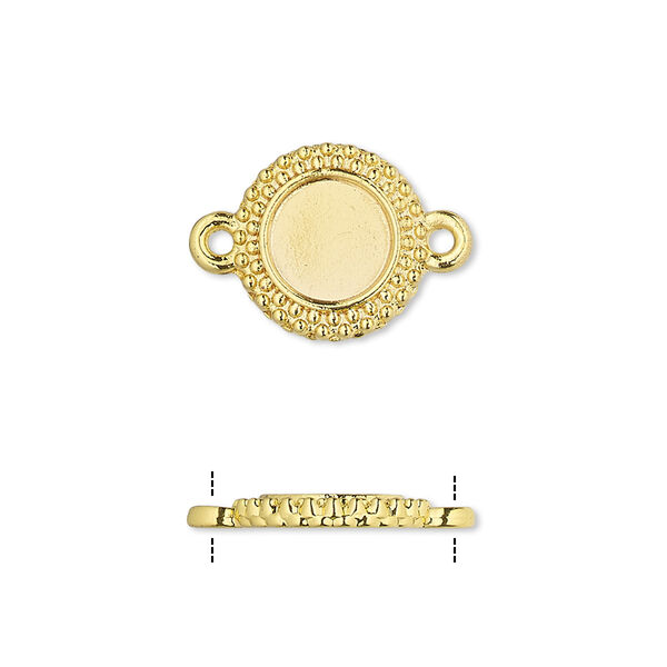 Link, gold-finished brass, 13mm single-sided beaded round with 8mm round setting. Sold per pkg of 10. image number 0