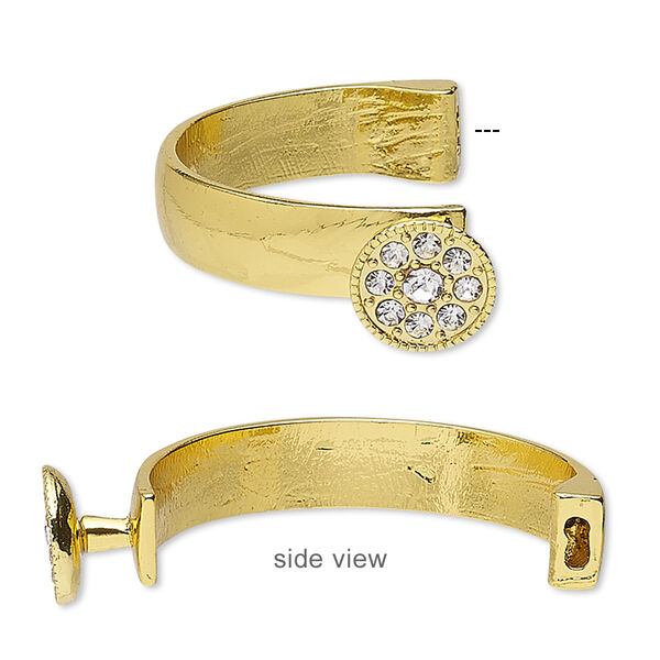 Bracelet component, glass rhinestone and gold-finished "pewter" (zinc-based alloy), clear, 10mm wide with 15mm round, 42x26mm inside diameter with 5.5x2mm glue-in end. Sold individually. image number 0