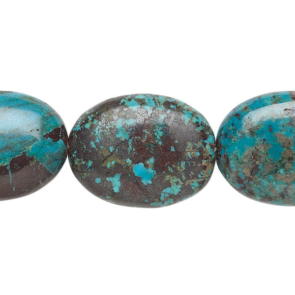 Bead, turquoise (dyed / stabilized), blue-green, 24x18mm-25x20mm puffed oval, C+ grade, Mohs hardness 5 to 6. Sold per 7-inch strand. image number 0