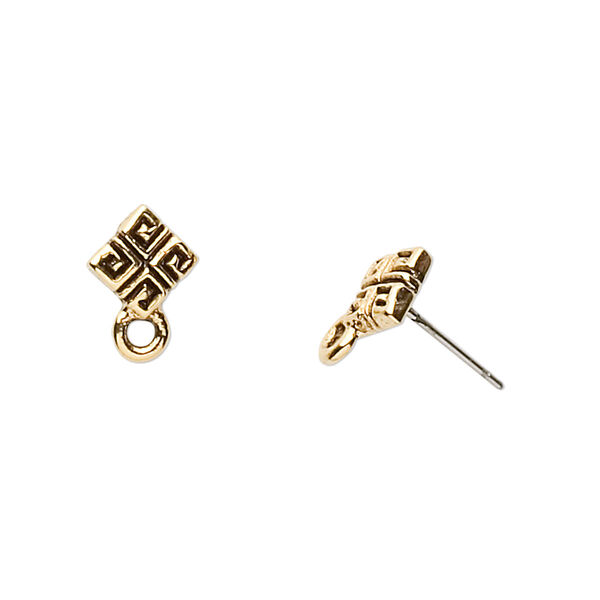 Earstud, stainless steel and pewter (tin-based alloy), pkg/1 pair, antique gold plate, 8mm diamond with square pattern and closed loop. image number 0
