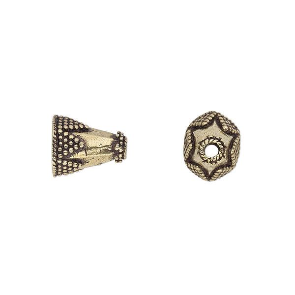 Cone, antique gold-finished brass, 11x10mm beaded hexagonal, 7x6mm hole. Sold per pkg of 6. image number 0