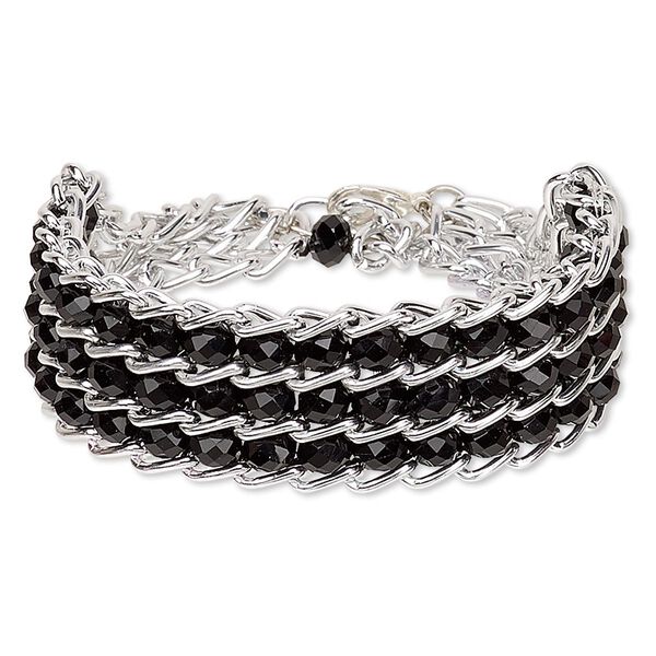 Bracelet, glass / aluminum / steel / brass, silver and black, 22mm wide, 7-1/2 inches with 1-inch extender chain and lobster claw clasp. Sold individually. image number 0