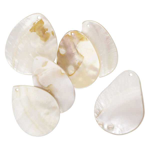 Focal mix, mother-of-pearl shell and blister pearl shell (bleached), 48x36mm-58x39mm teardrop, Mohs hardness 3-1/2. Sold per pkg of 6. image number 0