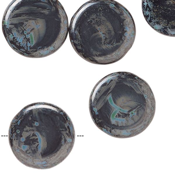 Bead, Czech pressed glass, opaque light blue, black and grey, 17mm flat round with swirl pattern. Sold per 2-ounce pkg, approximately 29 beads. image number 0
