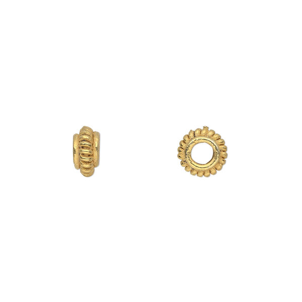 Bead, gold-finished copper, 7x4mm corrugated rondelle. Sold per pkg of 20. image number 0