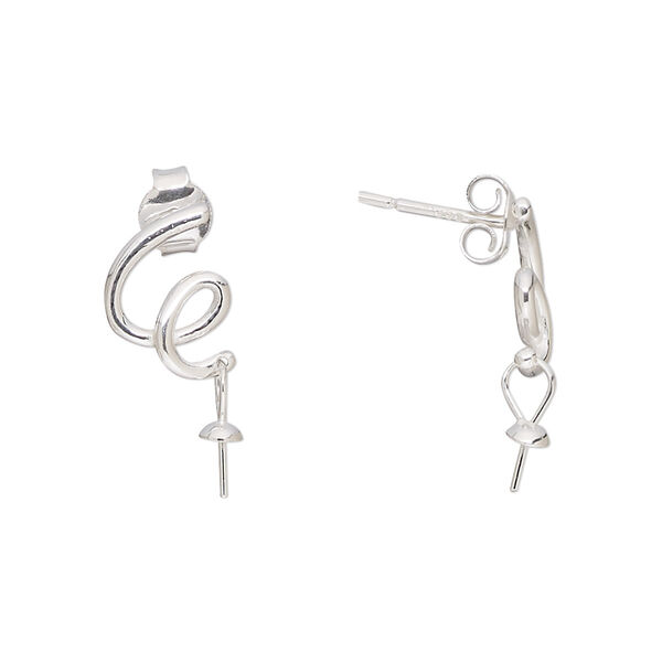 Earstud, sterling silver, 11x8mm squiggle with 3mm cup and 4.5mm peg, fits 4-8mm half-drilled bead. Sold per pair. image number 0