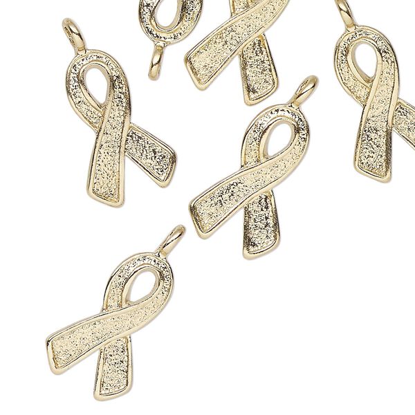 Charm, antique gold-finished "pewter" (zinc-based alloy), 17x11mm awareness ribbon. Sold per pkg of 12. image number 0