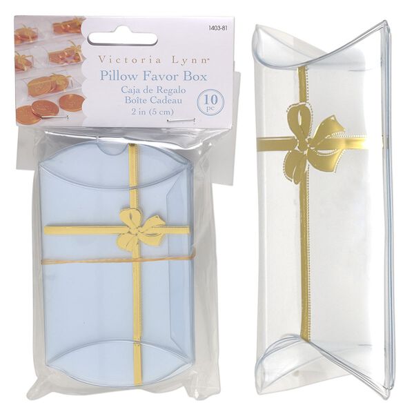 Favor box, Victoria Lynn™, plastic, clear and gold, 3-1/2 x 2-1/2 x 1 inch assembled pillow with bow. Sold per pkg of 10. image number 0