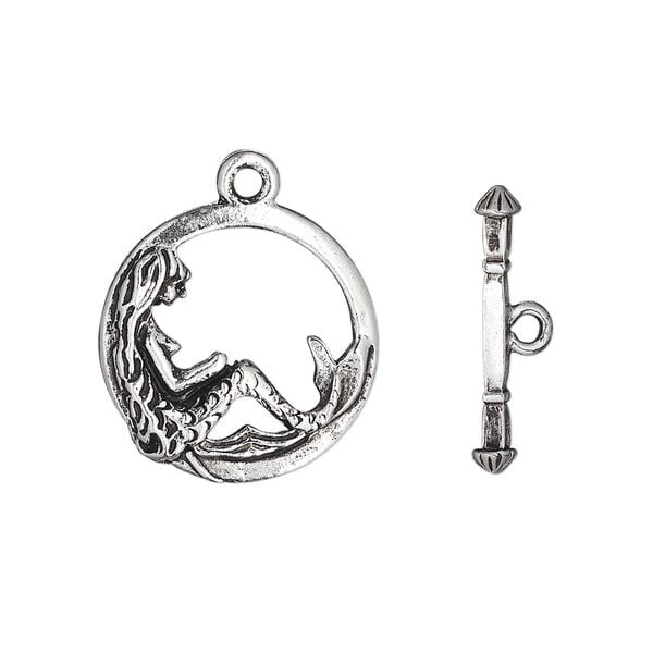 Clasp, toggle, antique silver-plated pewter (tin-based alloy), 17mm double-sided open round with mermaid. Sold individually. image number 0