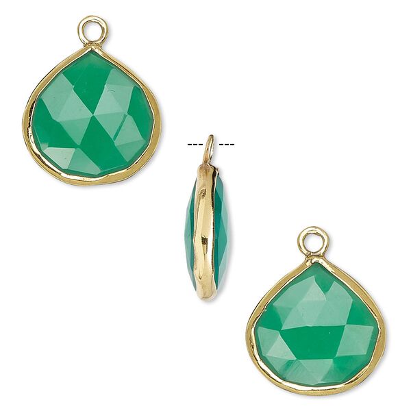 Drop, green onyx (dyed) and gold-finished sterling silver, 15x15mm double-sided faceted teardrop. Sold per pkg of 2. image number 0