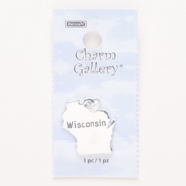 Charm, steel and enamel, pkg/1, silver finish and black, 24x22mm with "Wisconsin." image number 0