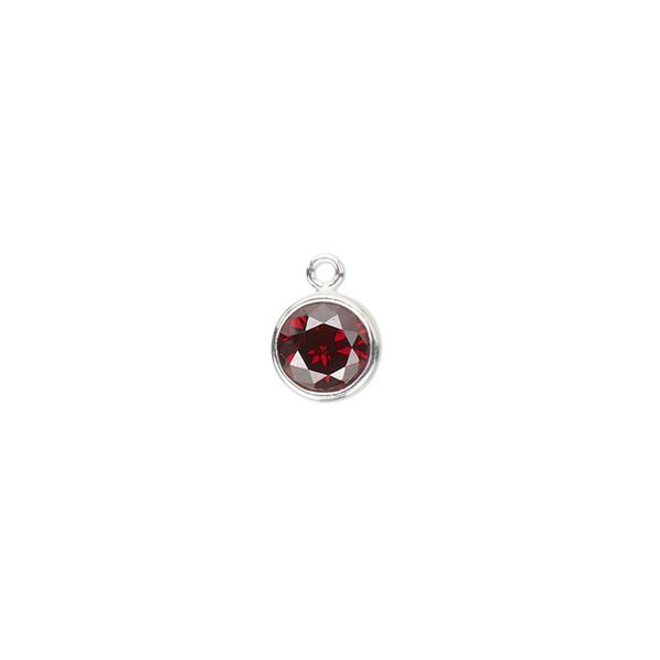 Drop, cubic zirconia and sterling silver, garnet red, 7mm faceted round. Sold individually. image number 0