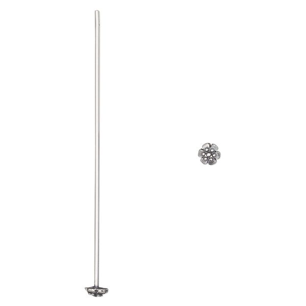 Head pin, antiqued sterling silver, 2 inches with 4mm flower, 20 gauge. Sold per pkg of 2. image number 0