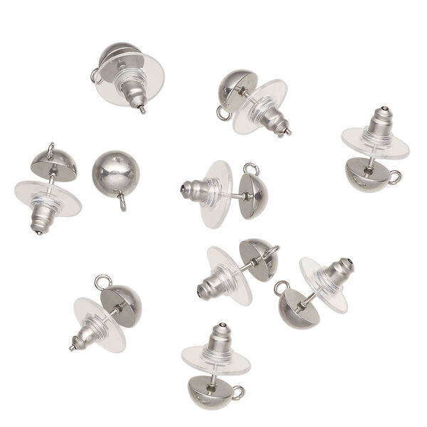 Earstud stainless steel plastic pkg/5 pairs 8mm half-ball with open loop and comfort clutch clear image number 0