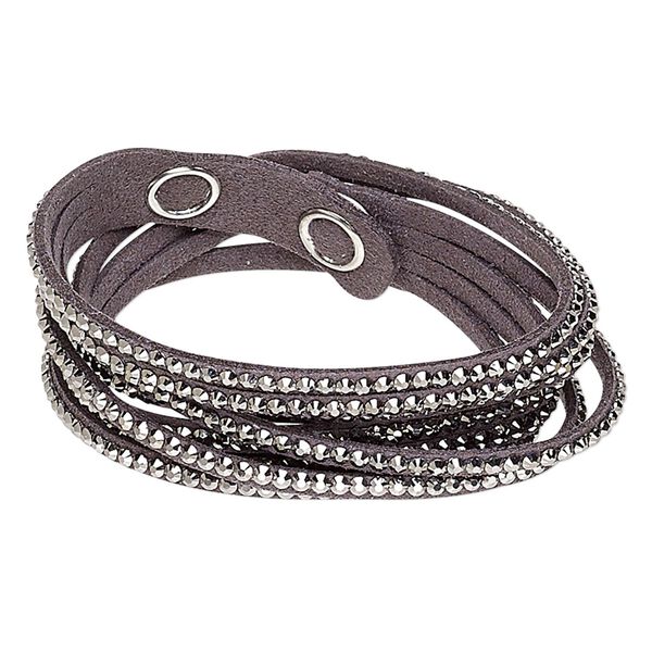 Bracelet, 4-strand wrap, acrylic rhinestone / faux suede / imitation rhodium-plated brass, grey and metallic silver, 13mm wide, adjustable at 6 and 7 inches with snap closure. Sold individually. image number 0