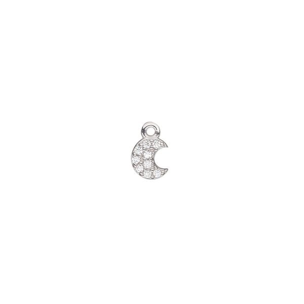 Charm, cubic zirconia and rhodium-plated sterling silver, clear, 6x5mm single-sided flat moon. Sold individually. image number 0