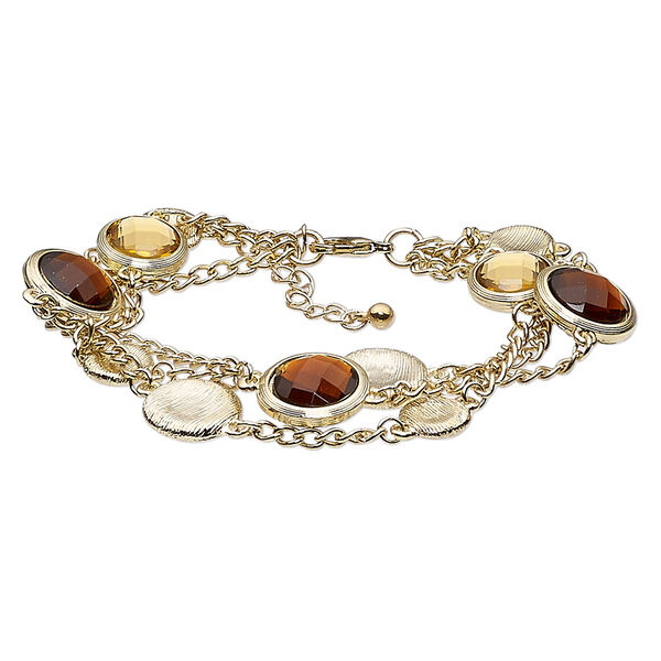 Bracelet, acrylic with gold-finished steel and "pewter" (zinc-based alloy), gold and amber brown, 6-1/2 inches with 1-1/2 inch extender chain and lobster claw clasp. Sold individually. image number 0
