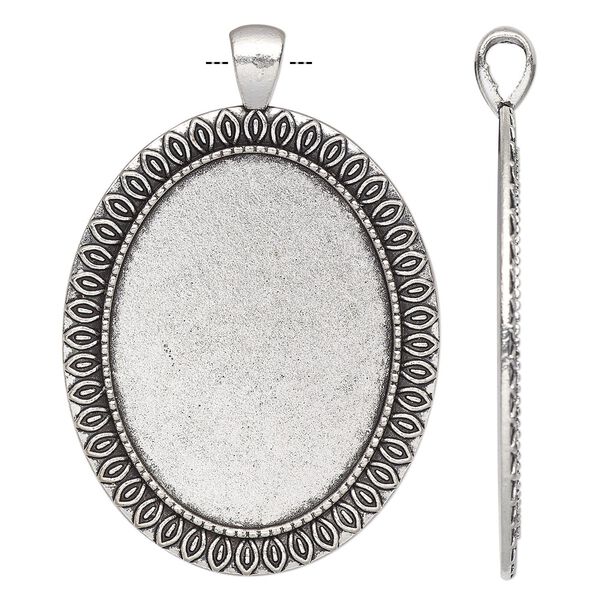 Pendant, antique silver-finished "pewter" (zinc-based alloy), 58.5x40mm single-sided oval with marquise design and 40x30mm non-calibrated oval setting. Sold individually. image number 0