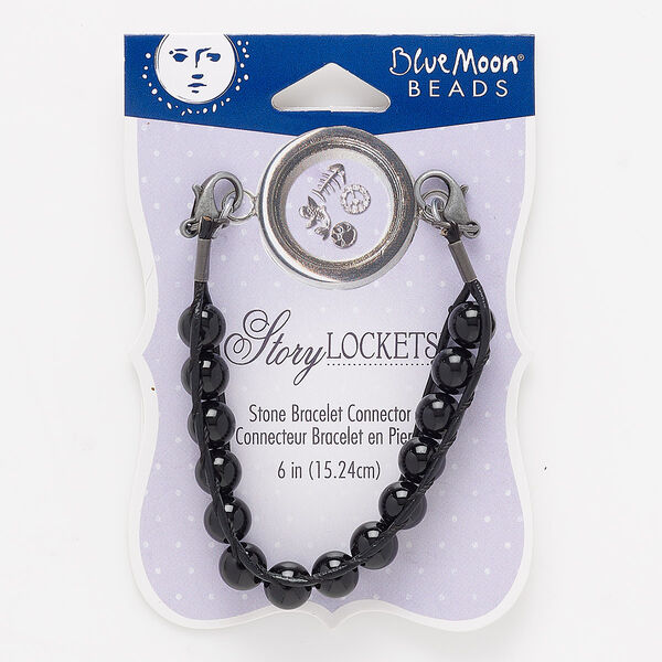 Bracelet component, glass / waxed cotton cord / gunmetal-finished "pewter" (zinc-based alloy) / steel, black, 8mm round, 6 inches with (2) lobster claw clasp. Sold individually. image number 0