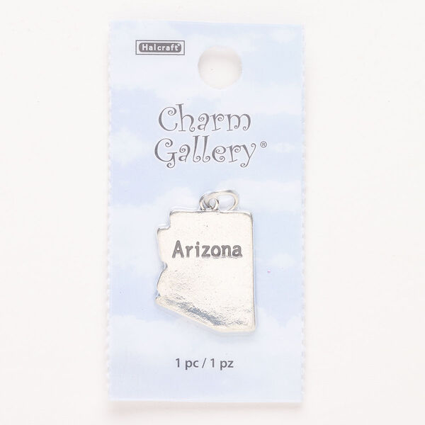 Charm, steel and enamel, pkg/1, silver finish and black, 22x18mm with "Arizona." image number 0