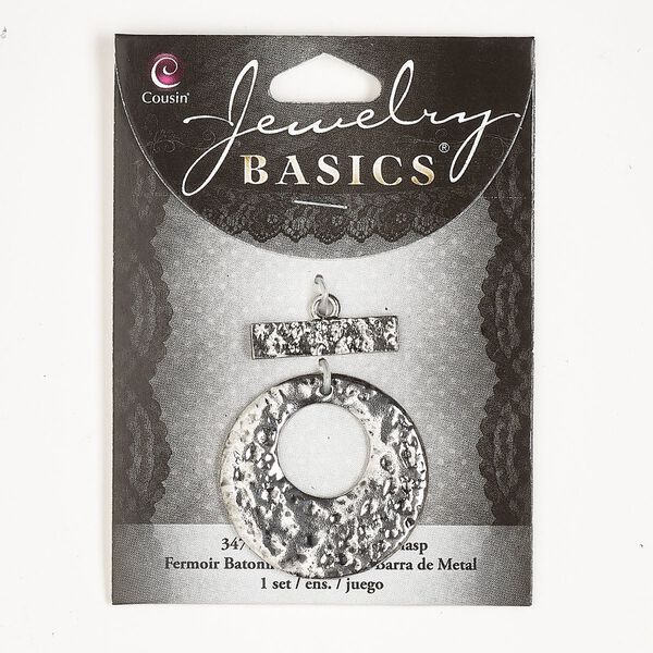 Clasp, toggle, antique silver-finished "pewter" (zinc-based alloy), 35mm hammered go-go. Sold individually. image number 0