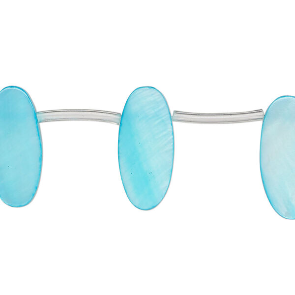 Bead, mother-of-pearl shell (dyed), blue, 18x6mm-19x8mm top-drilled flat oval, Mohs hardness 3-1/2. Sold per 15-inch strand, approximately 20 beads. image number 0