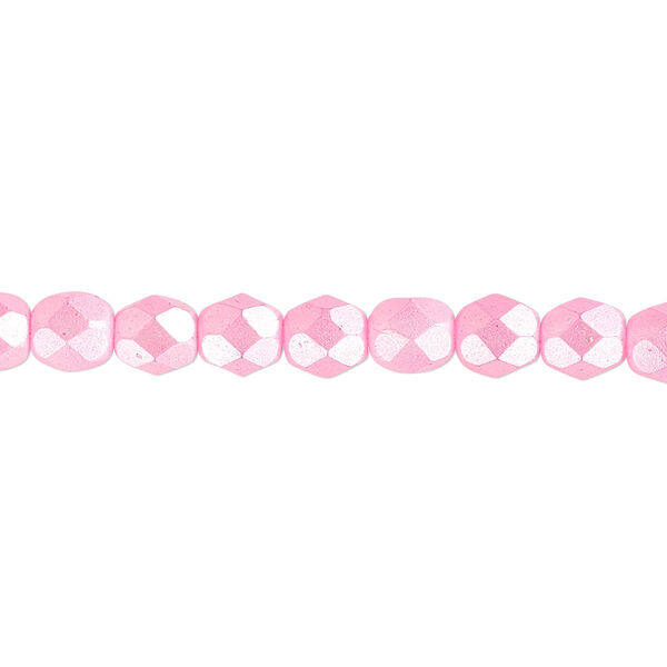 Bead, Czech fire-polished dipped décor glass, opaque pearlescent light pink, 6mm faceted round. Sold per 15-1/2" to 16" strand. image number 0