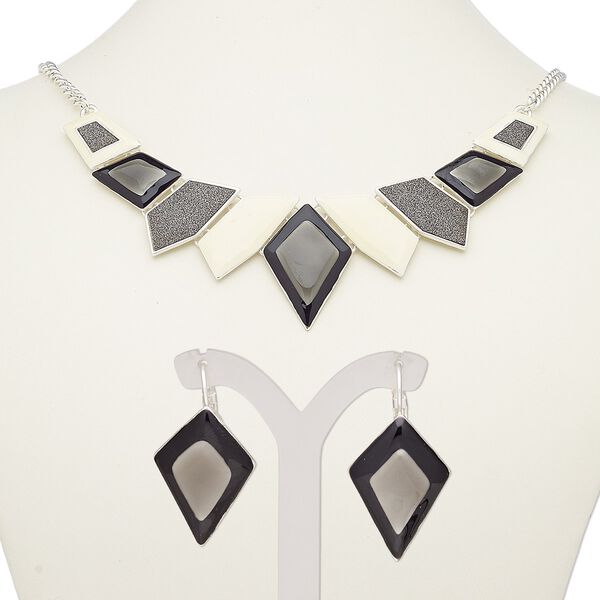 Necklace and earring set, enamel with silver-plated steel and "pewter" (zinc-based alloy), cream / black / grey with glitter, 18-inch necklace with 2-inch extender chain and lobster claw clasp, 38mm earrings with leverback ear wire. Sold per set. image number 0