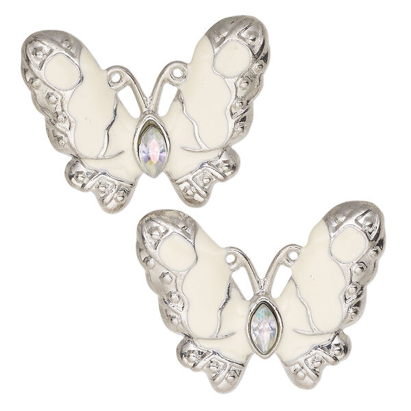 Charm, enamel / glass rhinestone / silver-finished "pewter" (zinc-based alloy), clear AB and cream, 29x22mm butterfly with 2 hidden loops. Sold per pkg of 2. image number 0