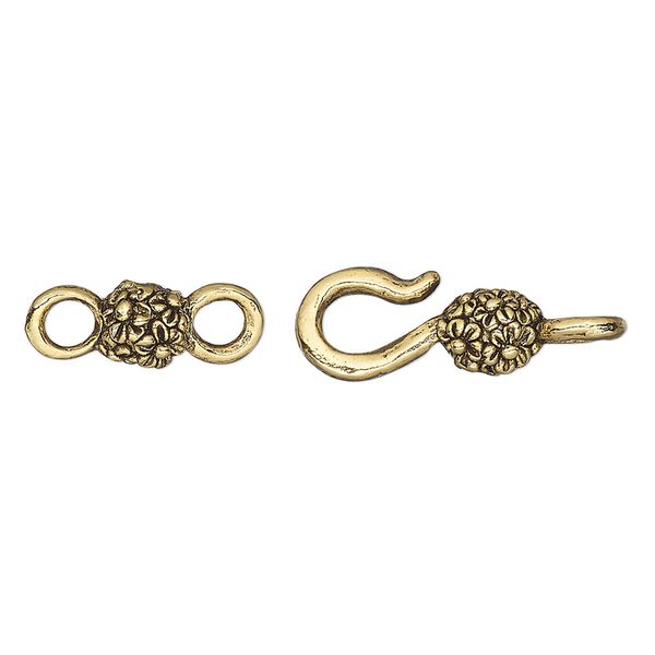 Clasp, hook-and-eye, antique gold-plated pewter (tin-based alloy), 26x8mm with flowers. Sold per pkg of (4) 2-piece sets. image number 0