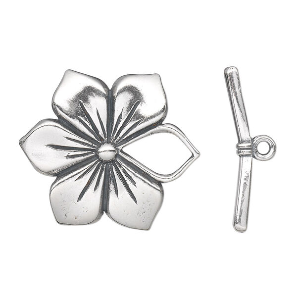 Clasp, toggle, antiqued sterling silver, 27x27mm flower. Sold individually. image number 0