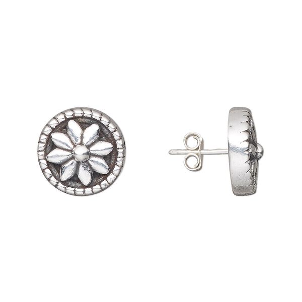 Earstud, antiqued sterling silver, electroformed, 12.5mm round with flower design and twisted rope edge. Sold per pair. image number 0