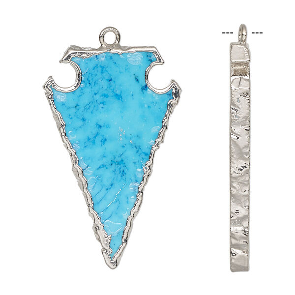 Focal, magnesite (dyed / stabilized) / electroplated silver / silver-plated sterling silver, blue, 36x22mm hand-cut arrowhead. Sold individually. image number 0