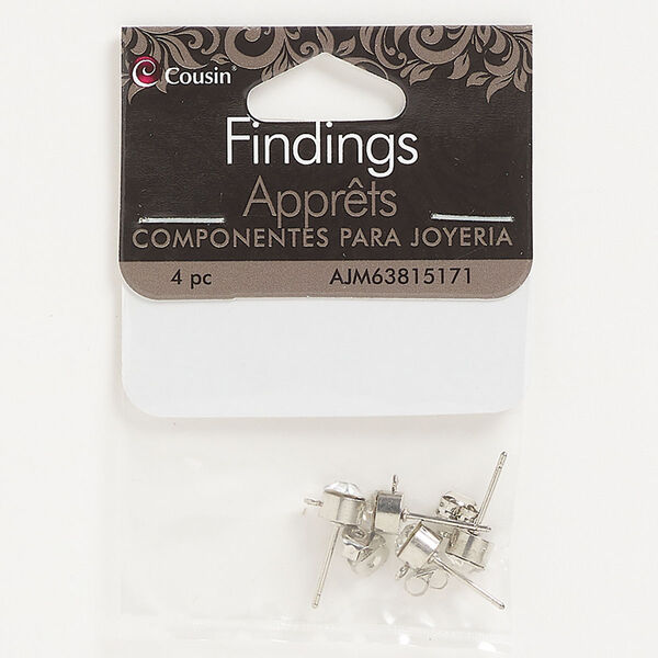 Earstud, silver-finished "pewter" (zinc-based alloy) and glass, clear, 5mm round with closed loop. Sold per pkg of 2 pairs. image number 0