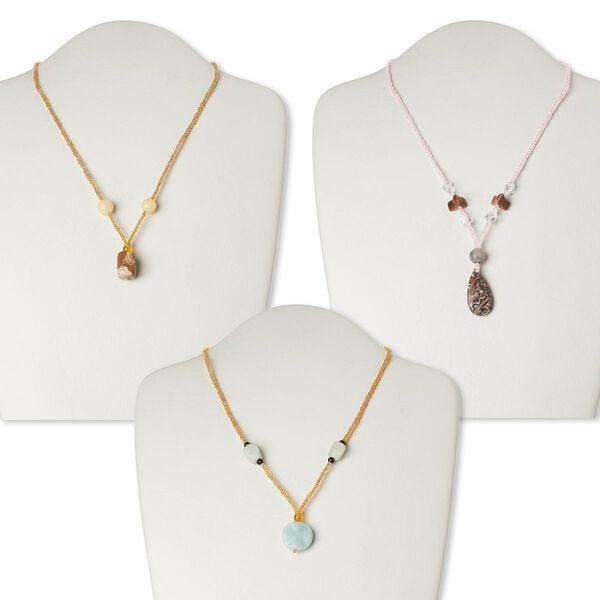 Multi-gemstone / glass / "pewter" (zinc-based alloy) 1pkg3, silver finish / antique gold finish mixed shape necklace 17 inch / lobster claw clasp mix 20mm-40x30mm image number 0