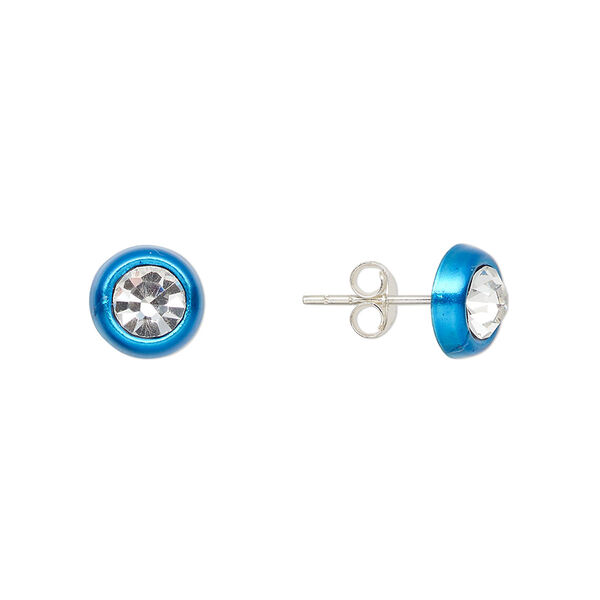 Earstud, Create Compliments®, enamel and sterling silver, blue, 8mm round. Sold per pair. image number 0