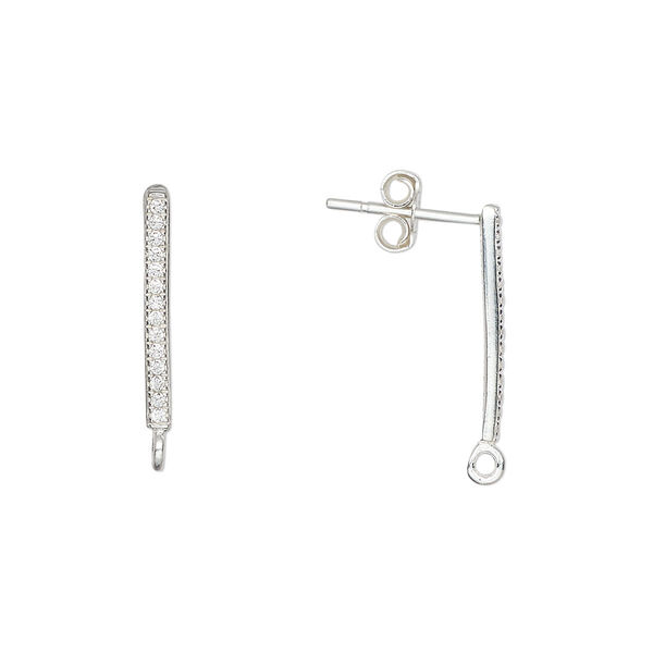 Earstud, sterling silver and cubic zirconia, clear, 16.5x1.5mm bar with closed loop, 20 gauge. Sold per pair. image number 0